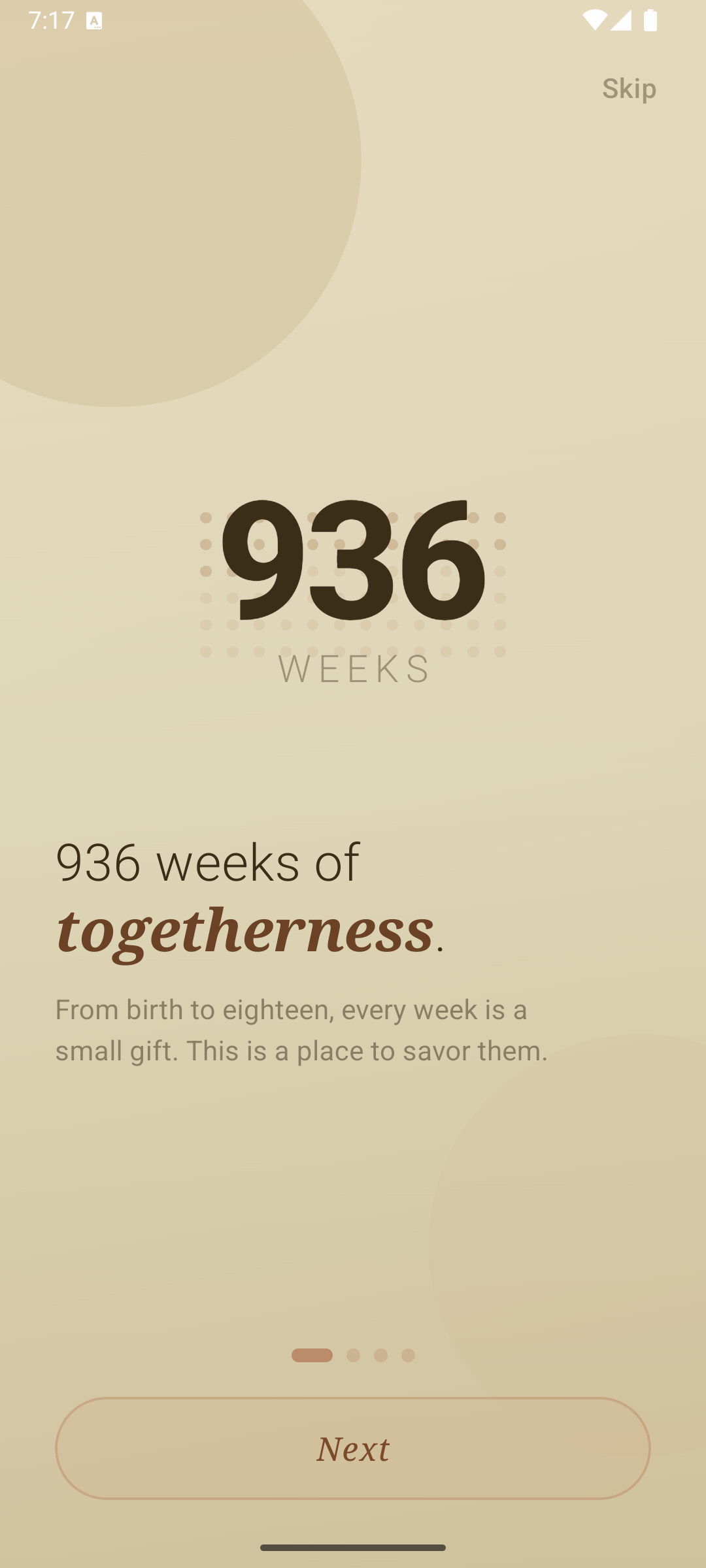 936 weeks onboarding screen