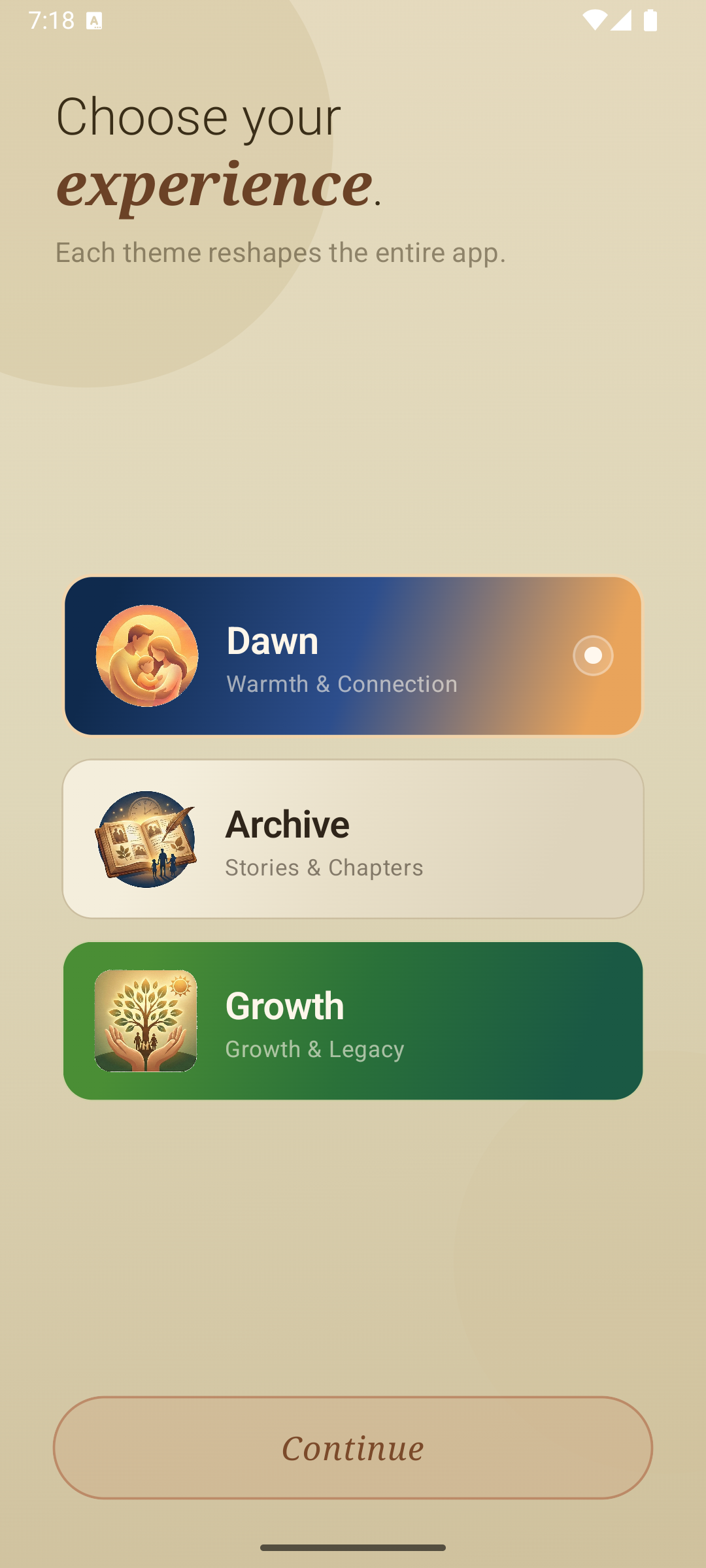 Theme picker with Dawn, Archive, and Growth themes