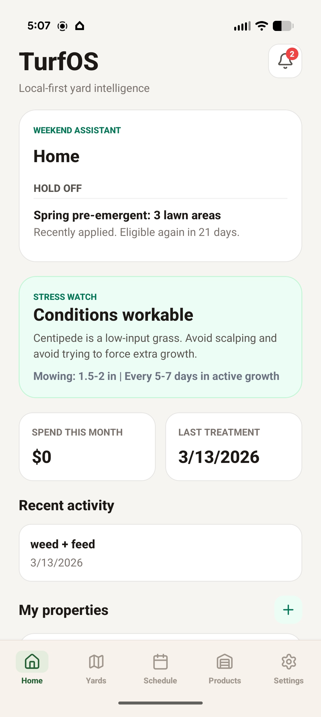 TurfOS™ home screen showing weekend assistant, stress watch, mowing guidance, and recent activity