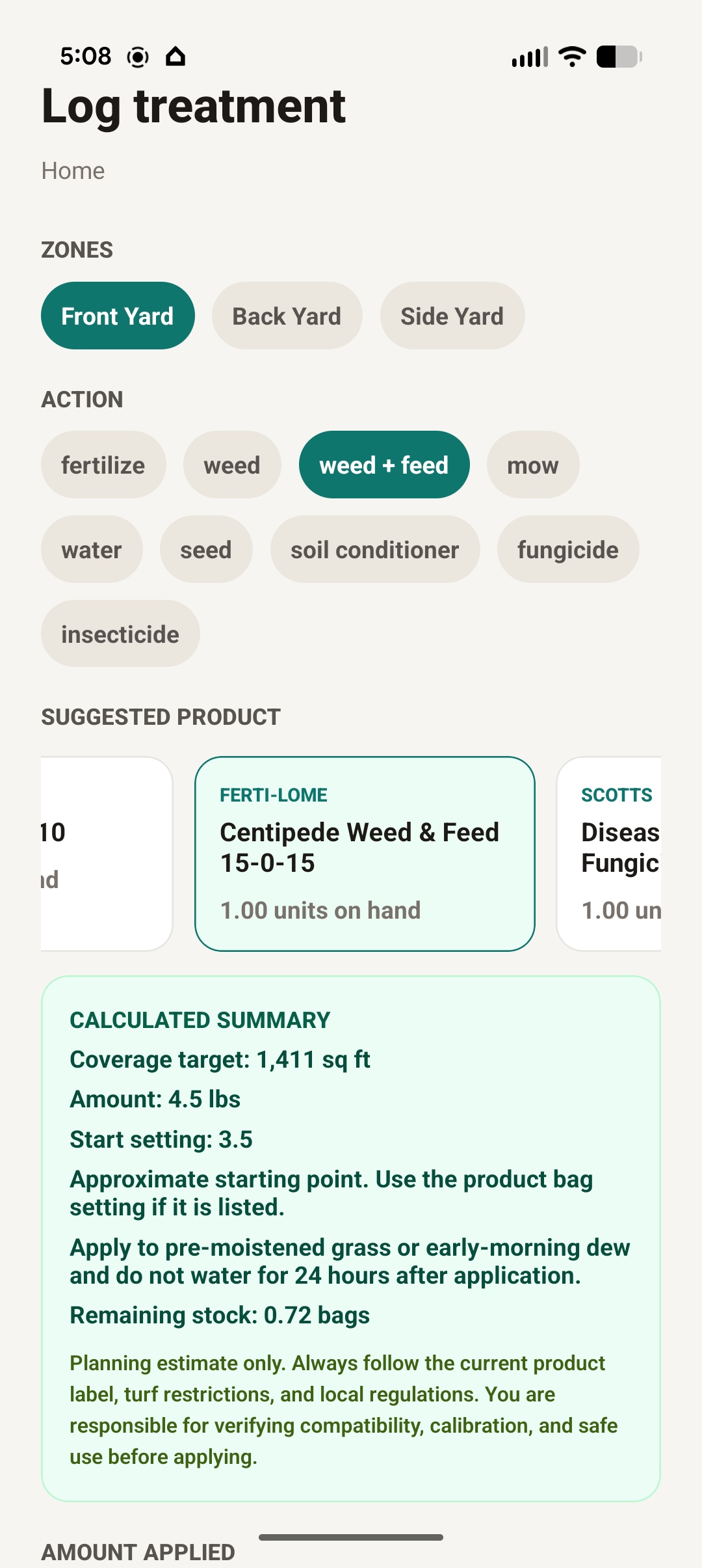 TurfOS™ treatment log showing zone selection, weed+feed action, and calculated product summary
