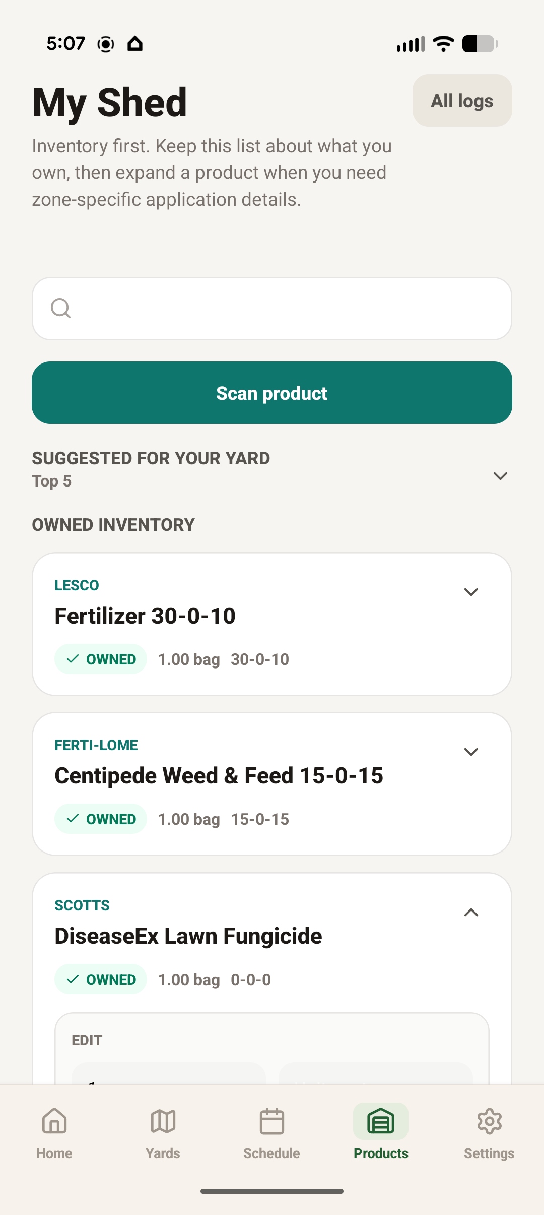 TurfOS™ My Shed showing owned product inventory with bag counts and NPK ratios