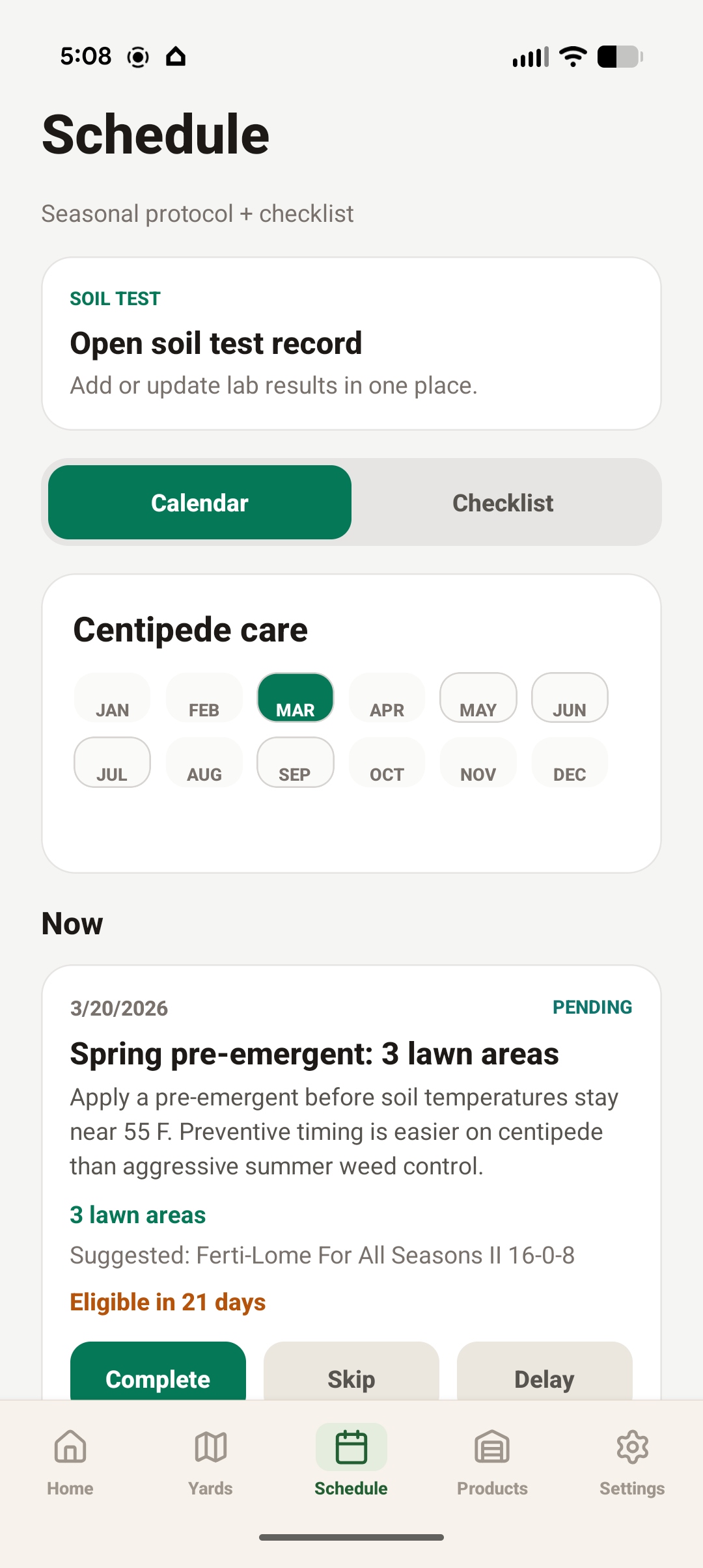 TurfOS™ schedule view showing seasonal care calendar with pending treatments
