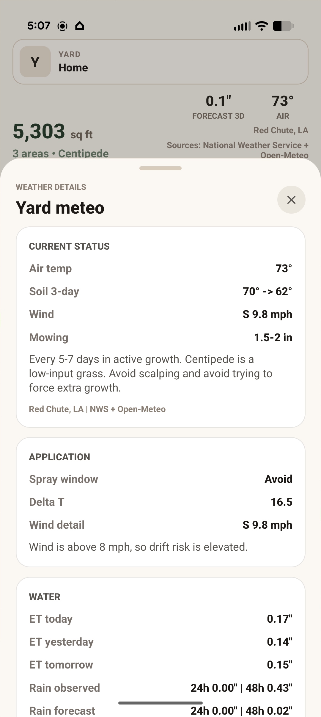 TurfOS™ yard meteo showing current status, application window, and water metrics