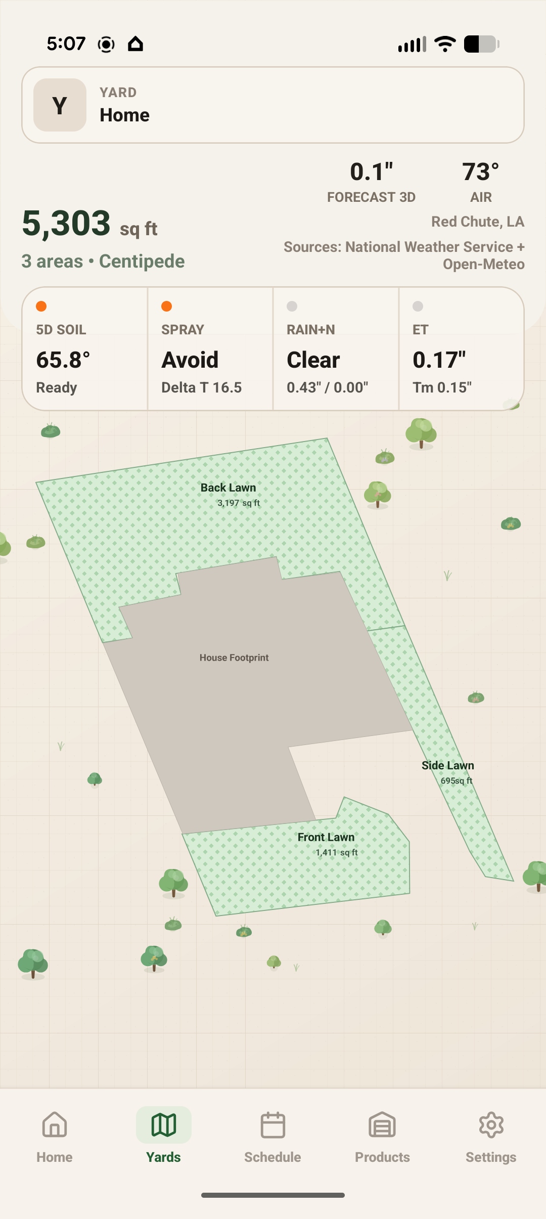 TurfOS™ yard map view showing property zones, soil temperature, spray window, and weather data